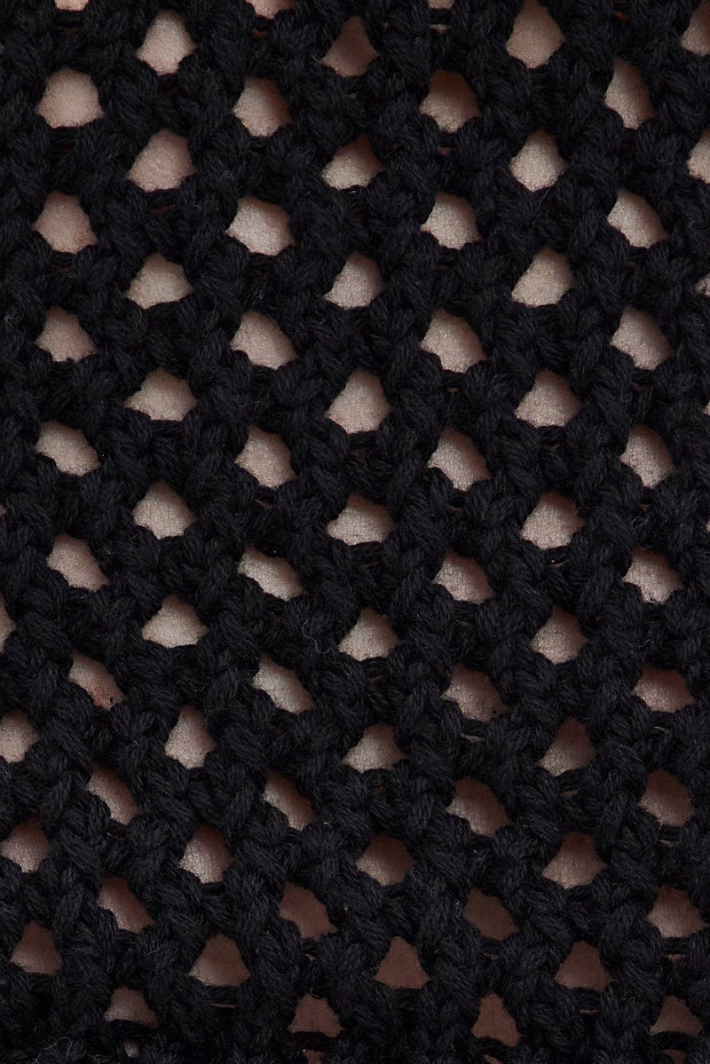 Black Knit Top Long Sleeve Openwork Cropped