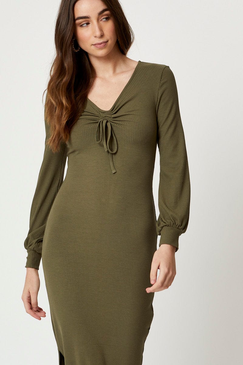 Green Ribbed Drawstring Midi Dress