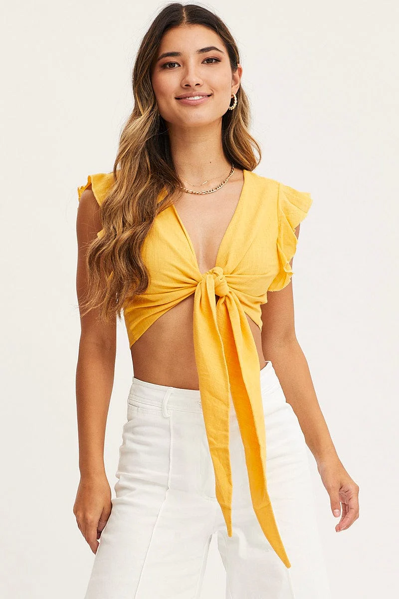 Yellow Crop Top Short Sleeve Tie Front