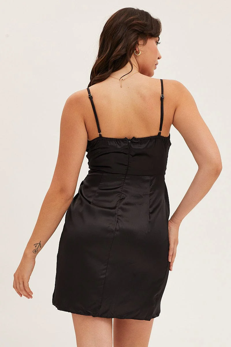 Black Mini Dress Strap Wrap Sweet Heart Neck Polyester