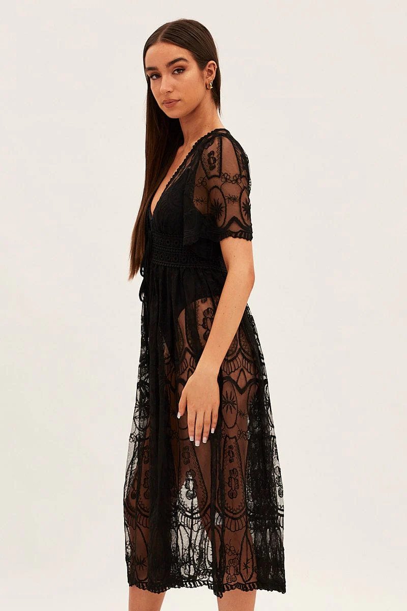 Black Lace Kimono Short Sleeve Tie Front Longline