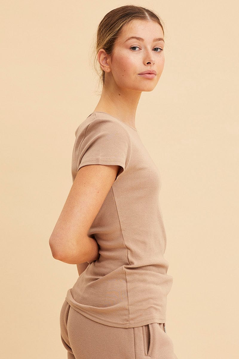 Beige Rib T-Shirt Crew Neck Short Sleeve