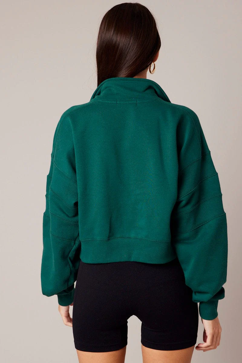 Green Zip Up Sweater Crop Long Sleeve High Neck