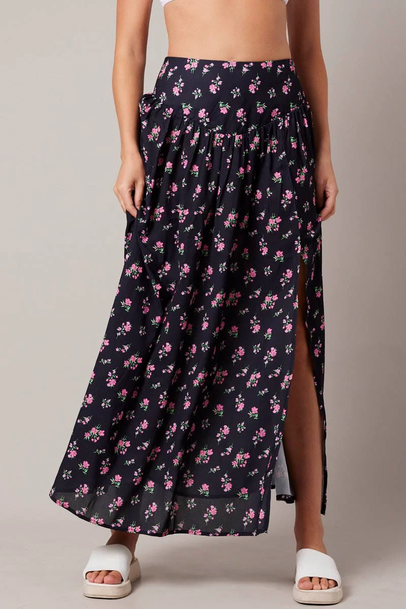 Black Floral Maxi Skirt Bouquet Ditsy Side Split Skirt