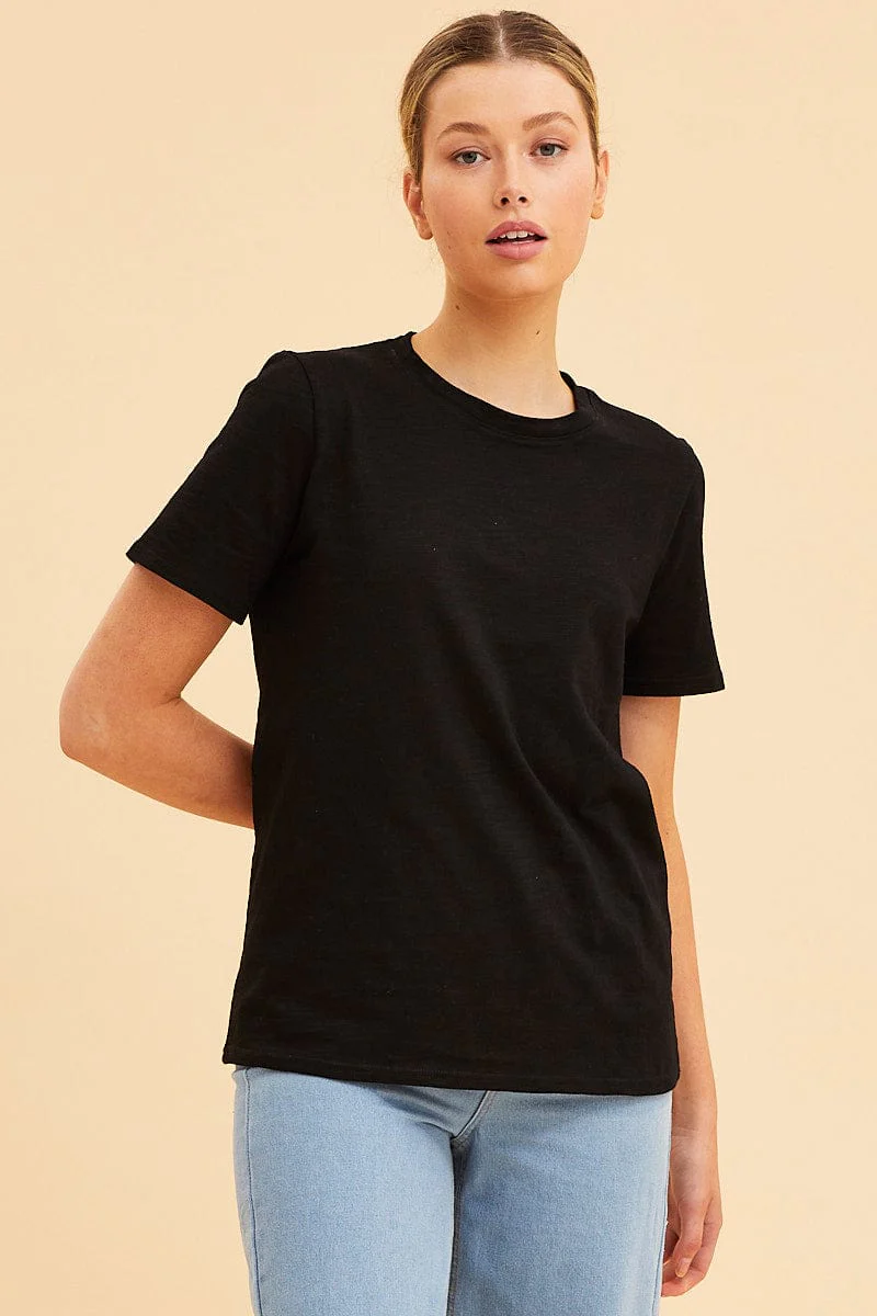 Black Cotton T-Shirt Slub Crew Neck Regular Fit