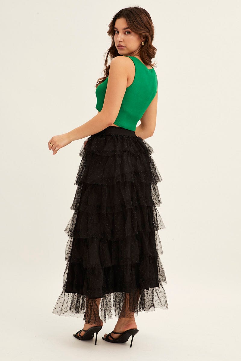 Black Midi Skirt Tulle Elastic Waist Mesh
