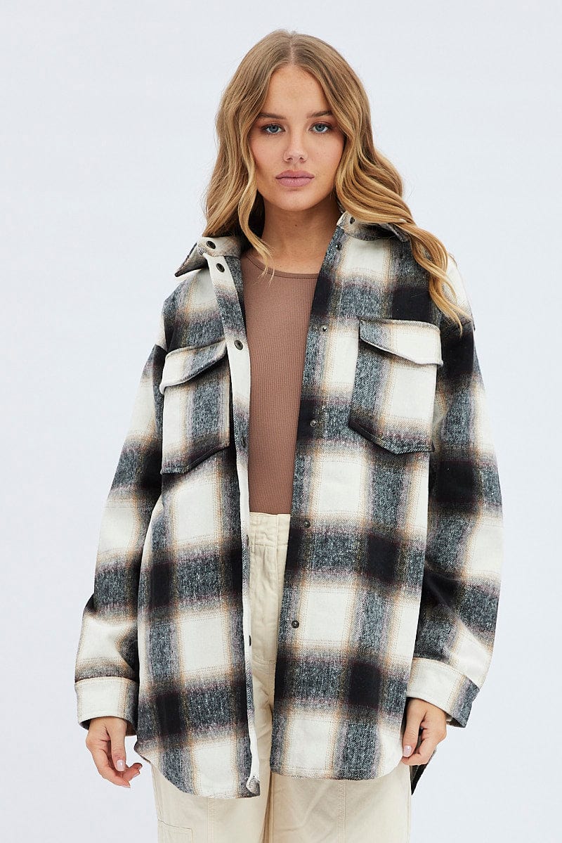 Brown Check Longline Check Shacket Shirt Collar