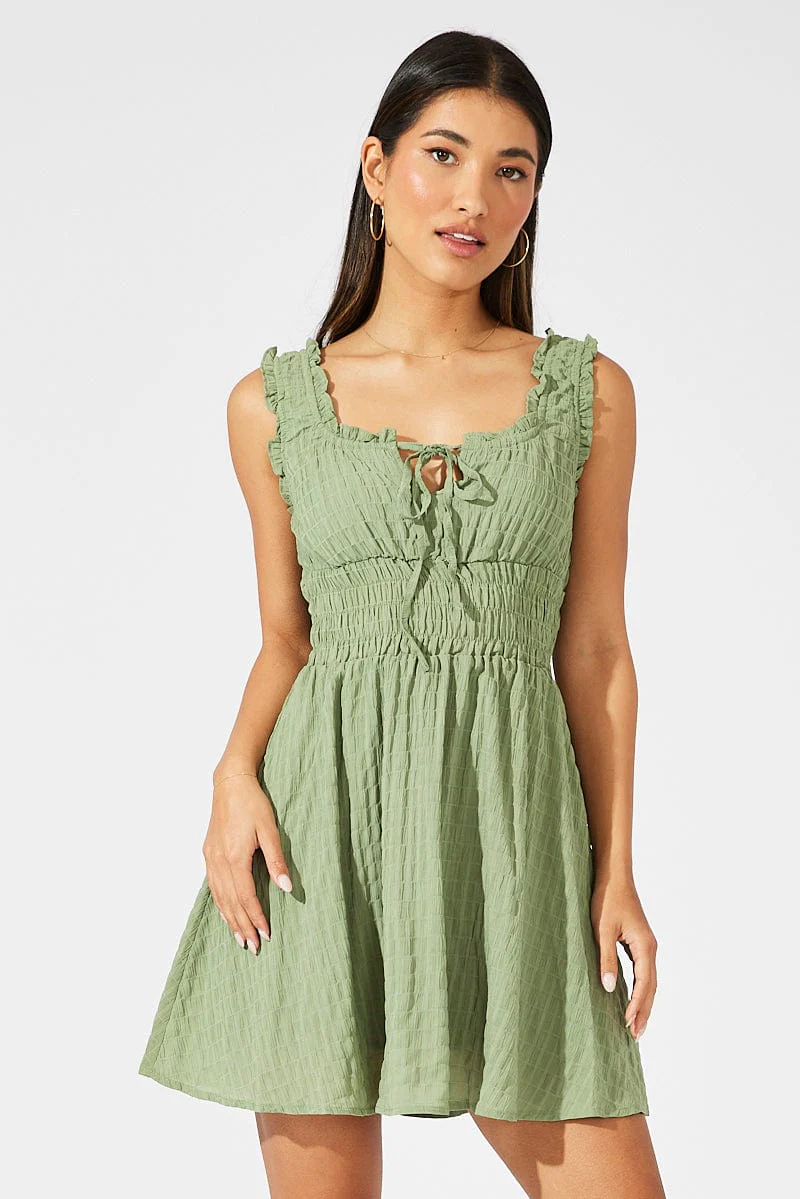 Green Fit and Flare Dress Sleeveless Shirred Waist