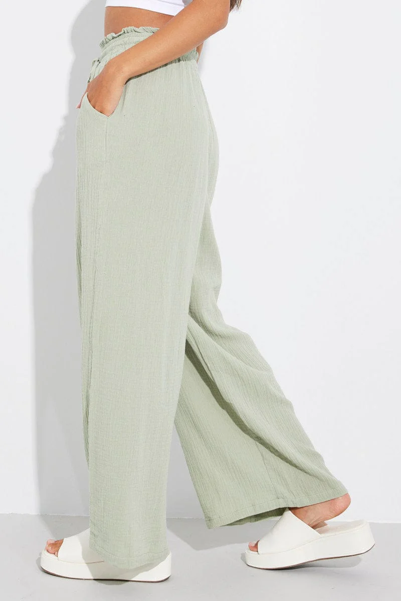 Green Wide Leg Pants High Rise