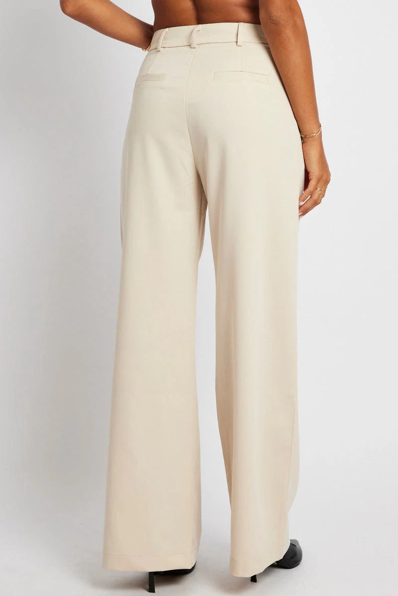 Beige Wide Leg Pants Mid Rise