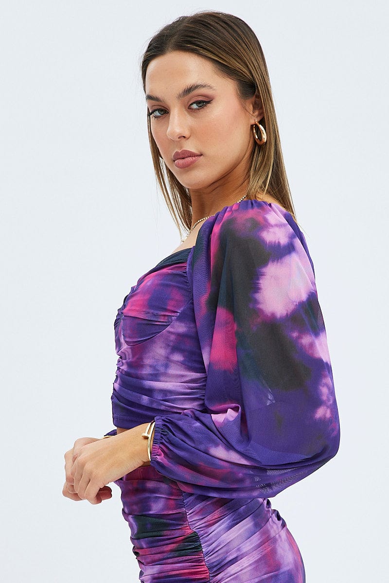 Purple Abstract Top Long Sleeve Abstract Print Mesh