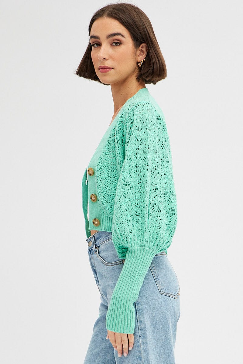 Green Knit Cardigan Long Sleeve Crop