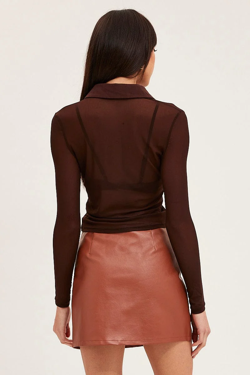 Brown Button Front Top Long Sleeve Mesh