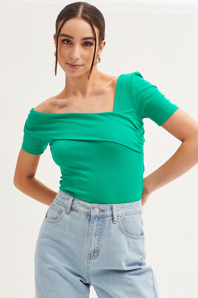 Green Top Short Sleeve Asymmetric Neckline Cotton Jersey