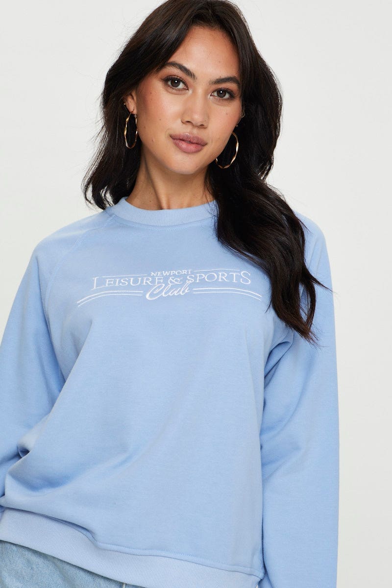 Blue Graphic Top Long Sleeve Oversized Round Neck