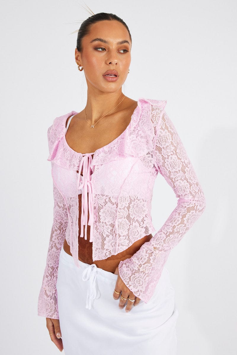 Pink Lace Tie Up Top Long Sleeve