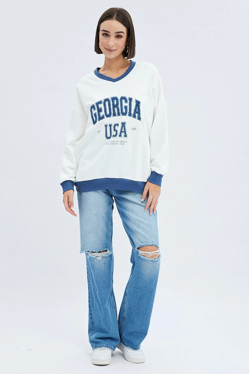 White Sweat Shirt Long Sleeve V-Neck Georgia Terry