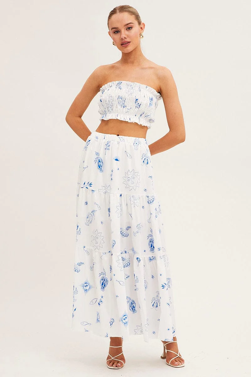 White Abstract Bandeau Top Shirred Print