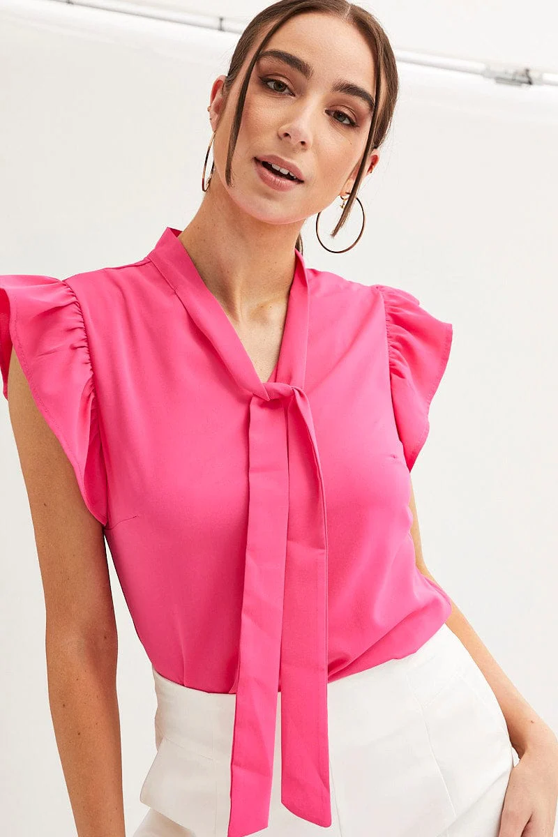 Pink Tie Front Ruffle Sleeve Top