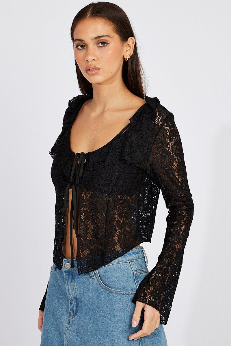Black Lace Tie Up Top Long Sleeve