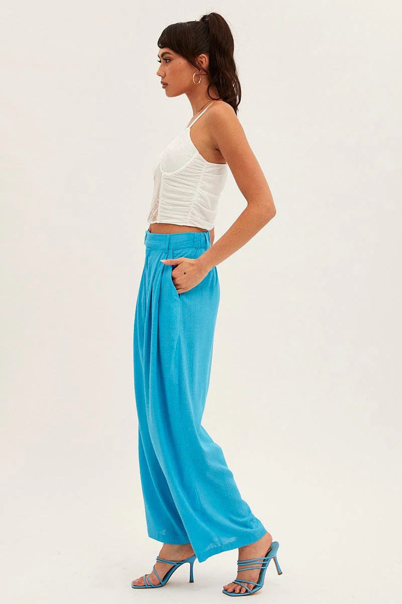 Blue Wide Leg Pants High Rise Linen Blend