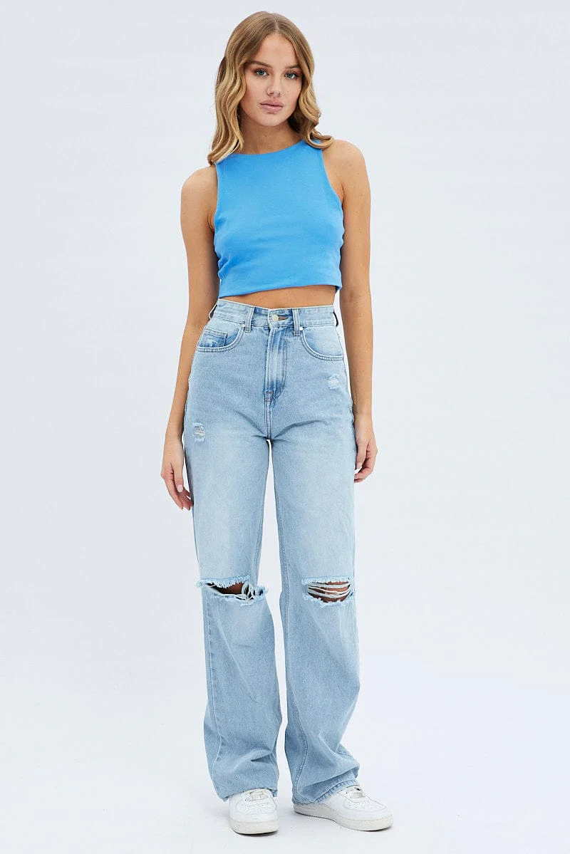 Blue Crop Tank Top Cotton