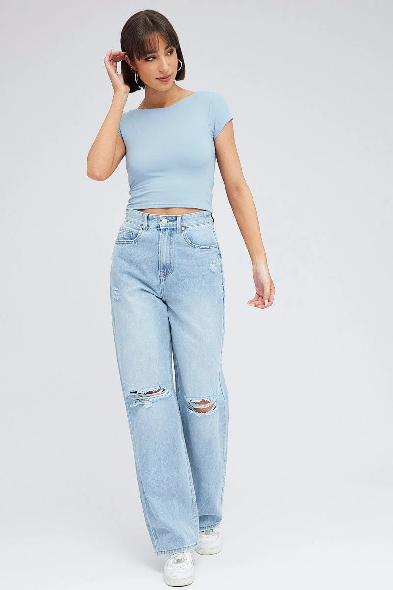 Blue Supersoft Top Short Sleeve Backless