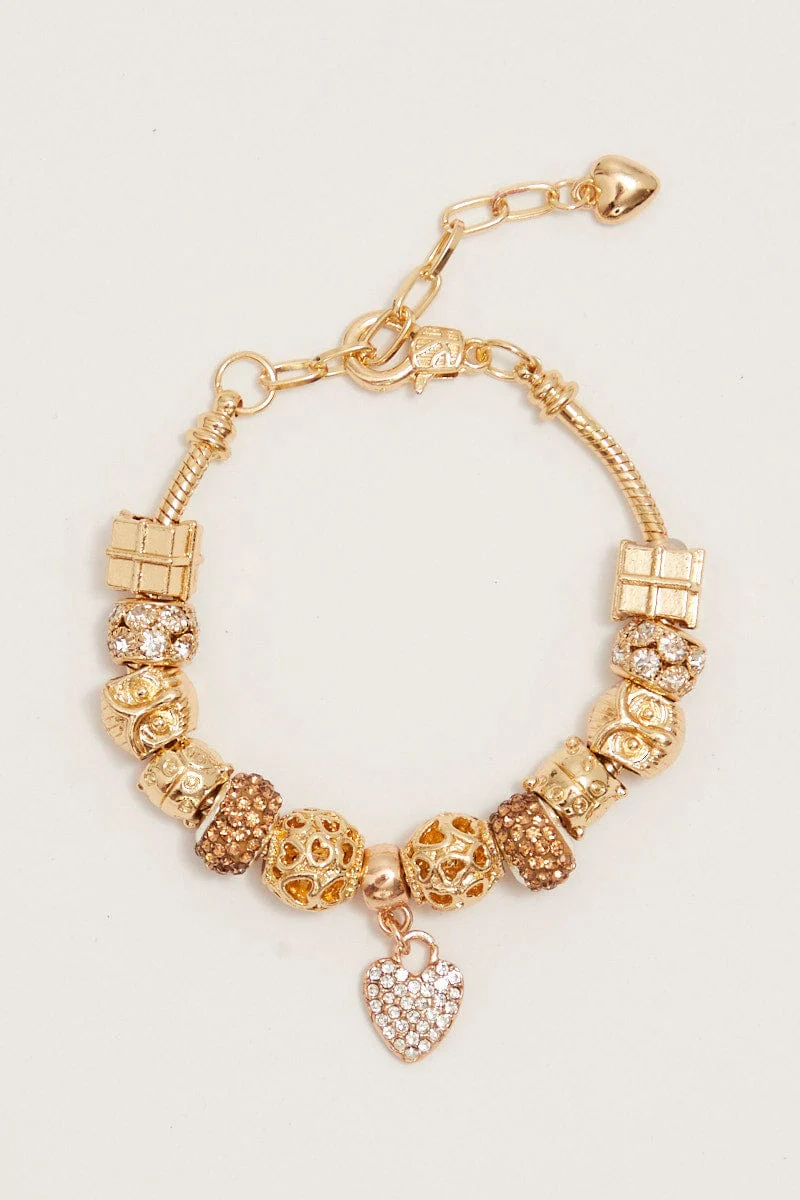 Gold Rhinestone Heart Charm Bracelet