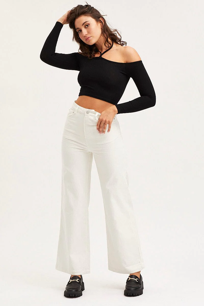 Black Jersey Crop Top Long Sleeve Halter Neck