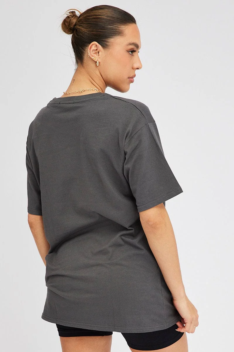 Grey Graphic Tee Short Sleeve Oversized Round Neck