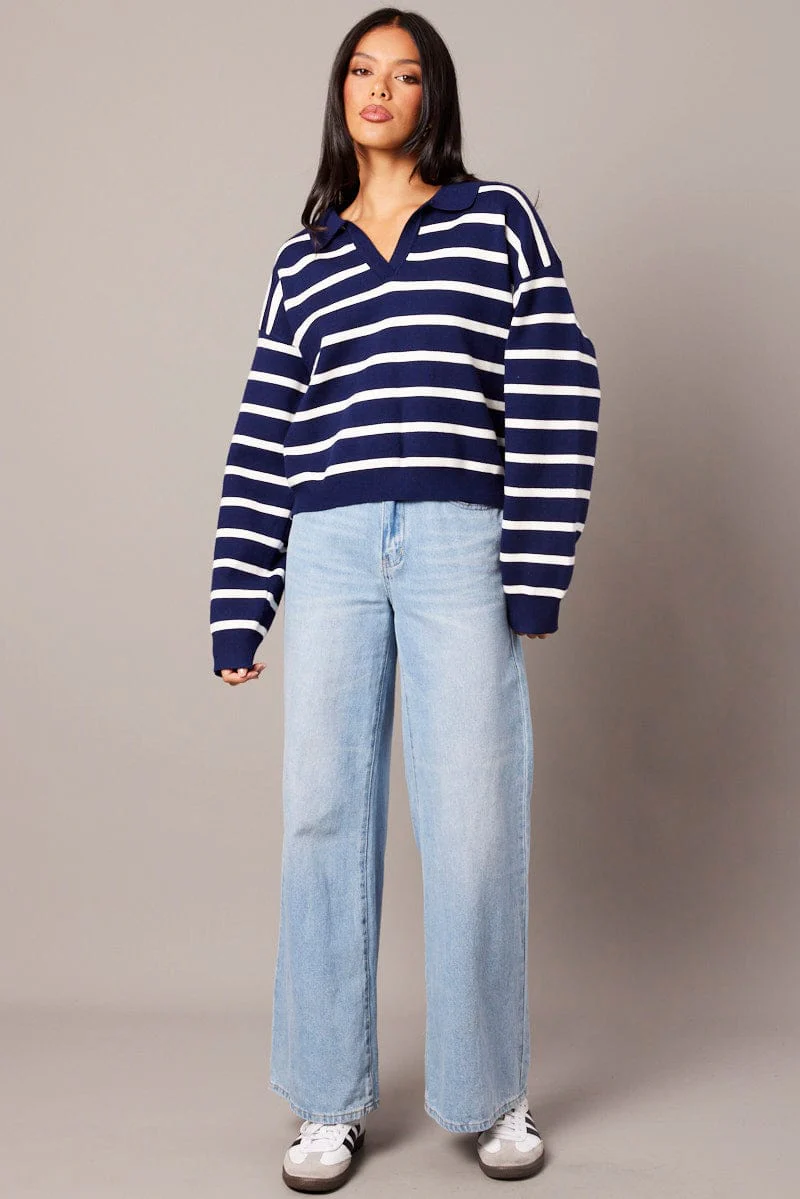 Blue Stripe Knit Top Long Sleeve Collar
