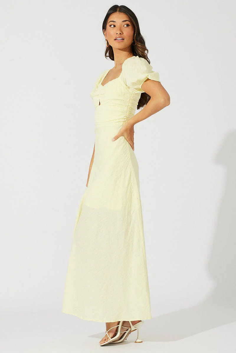 Yellow Midi Dress Short Sleeve Twist Front Textured