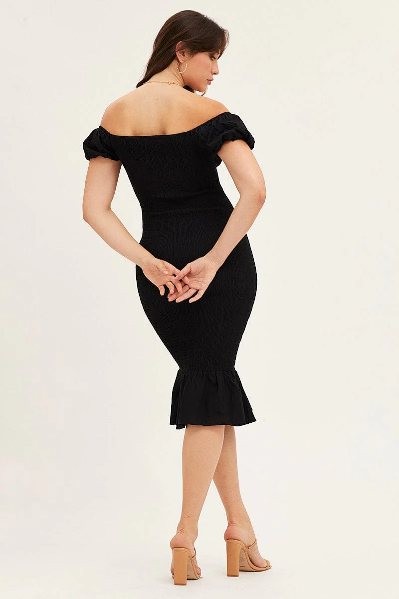 Black Shirred Midi Dress