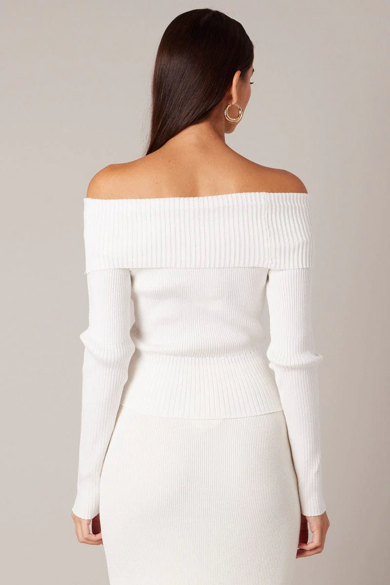White Knit Top Long Sleeve Off Shoulder