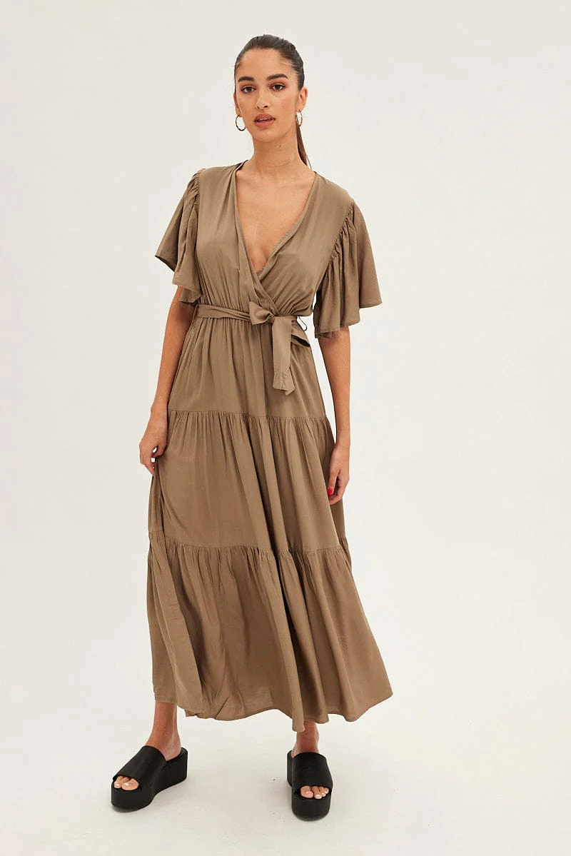 Green Maxi Dress Short Sleeve Wrap Front Tiered