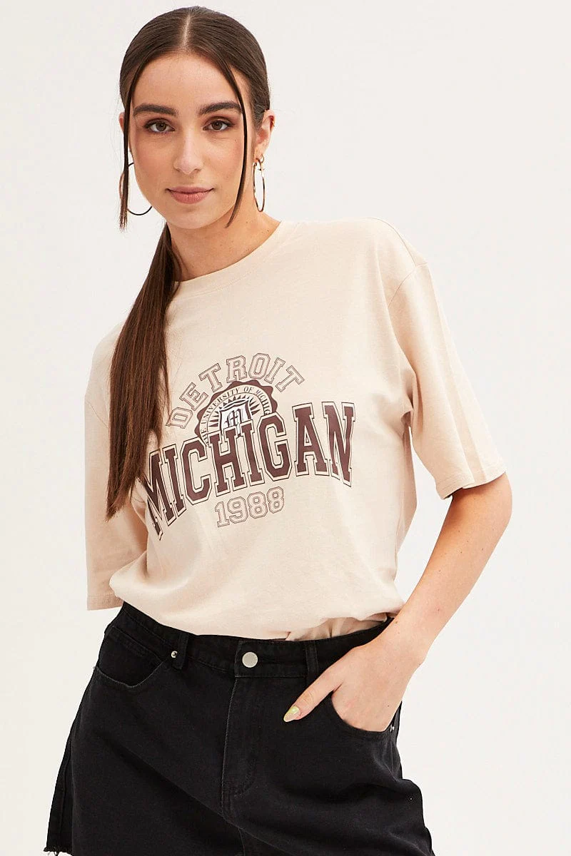 Beige Michigan Graphic T Shirt Short Sleeve Crew Neck