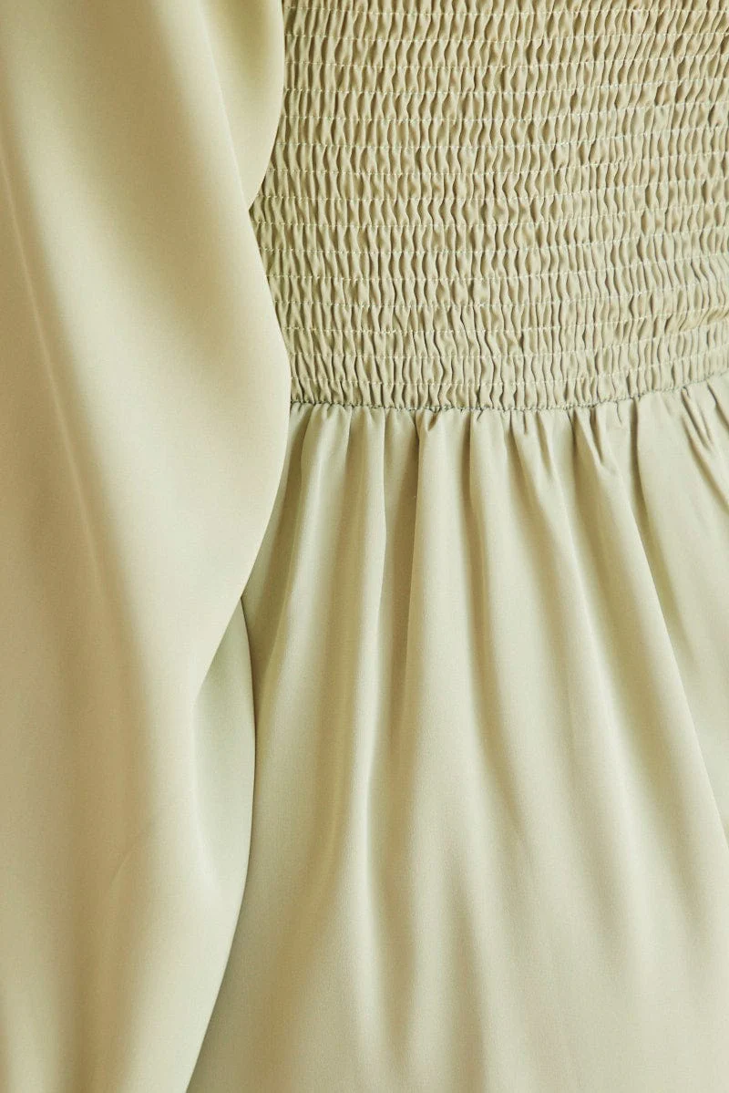 Green Shirred Dress Long Sleeve Mini