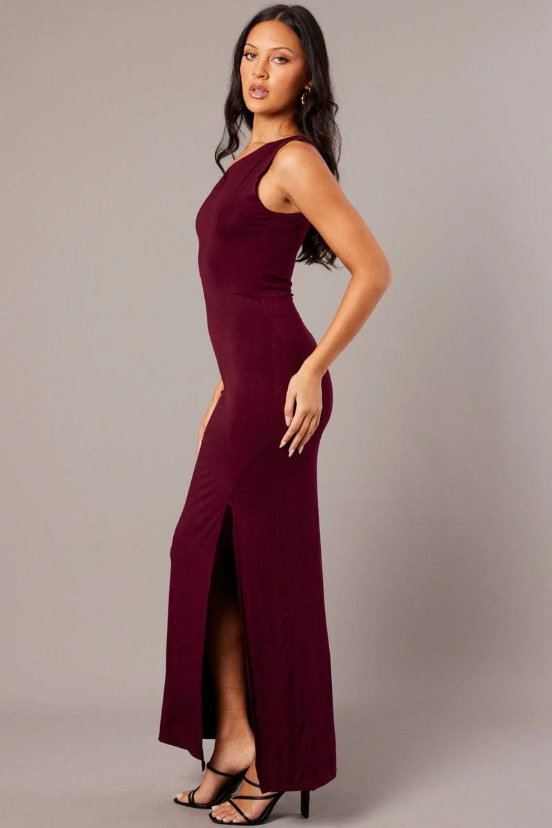 Red One Shoulder Maxi Dress Side Split