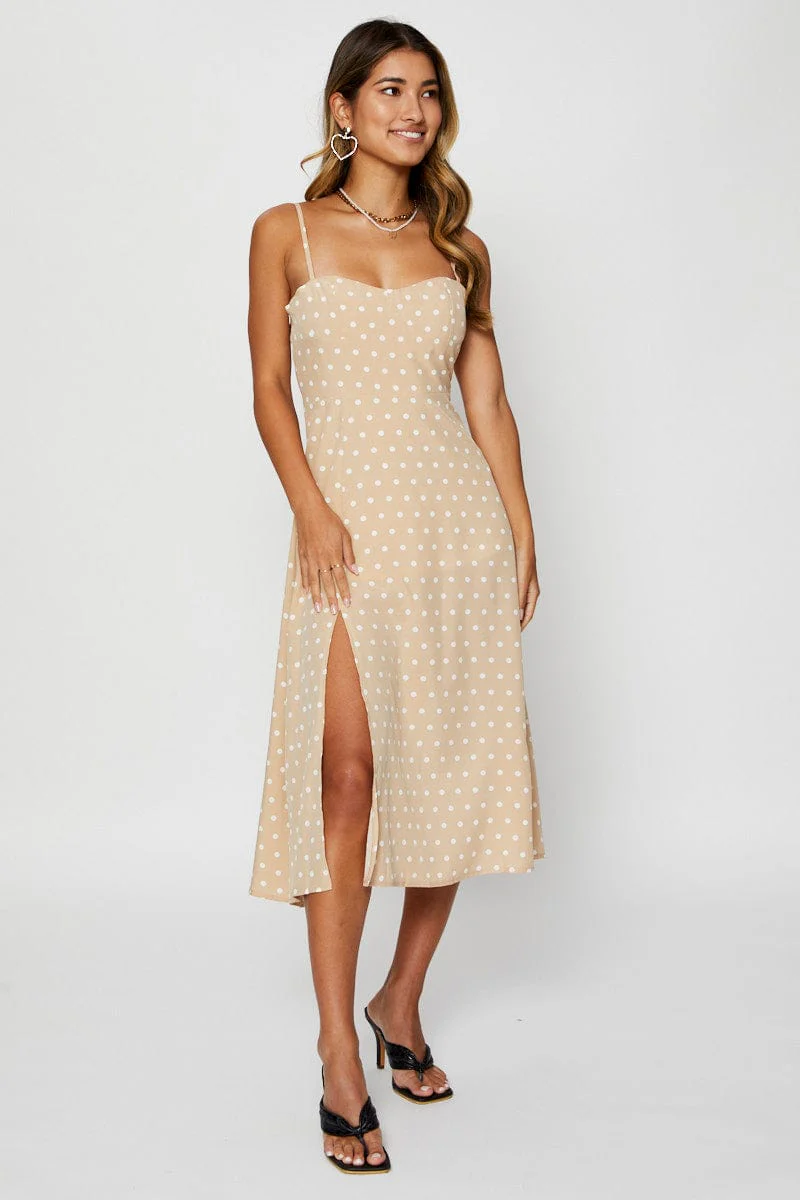 Polka Dot Midi Dress Sleeveless Sweetheart Neckline