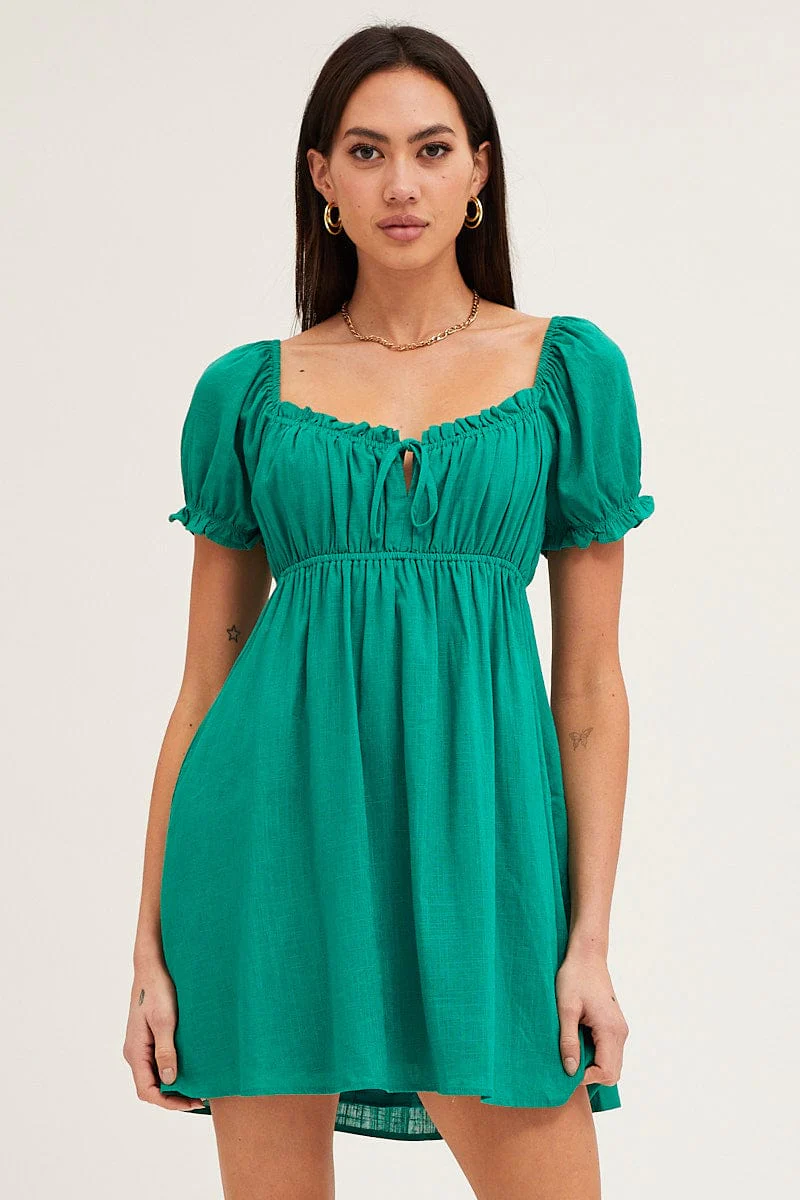 Green Gathered Bust Puff Sleeve Skater Dress