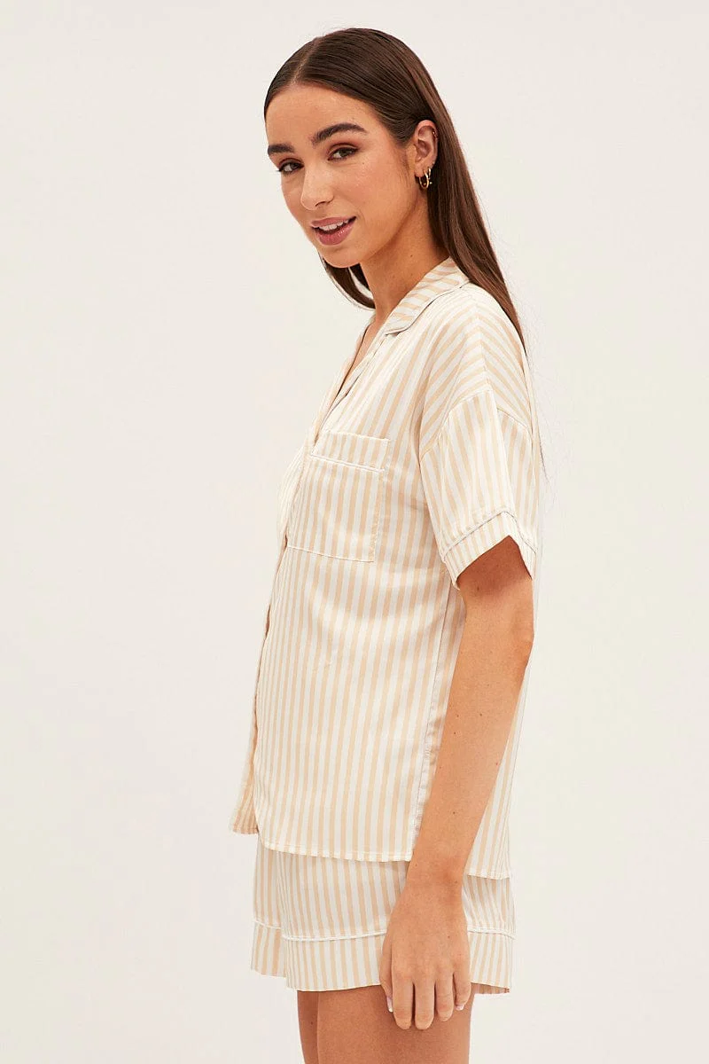 Brown Stripe Pyjamas Set Short Sleeve Collared Shorts Satin