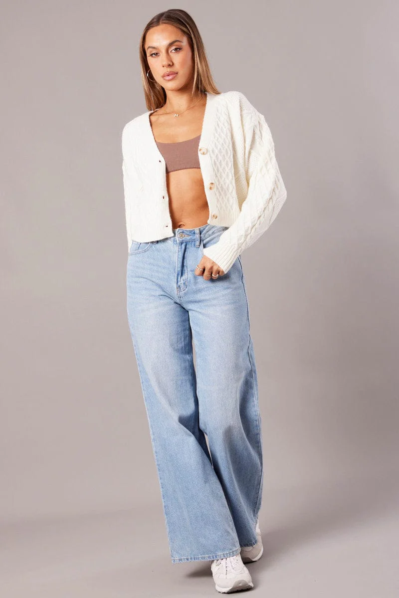 White Cable Knit Cardigan Long Sleeve V Neck