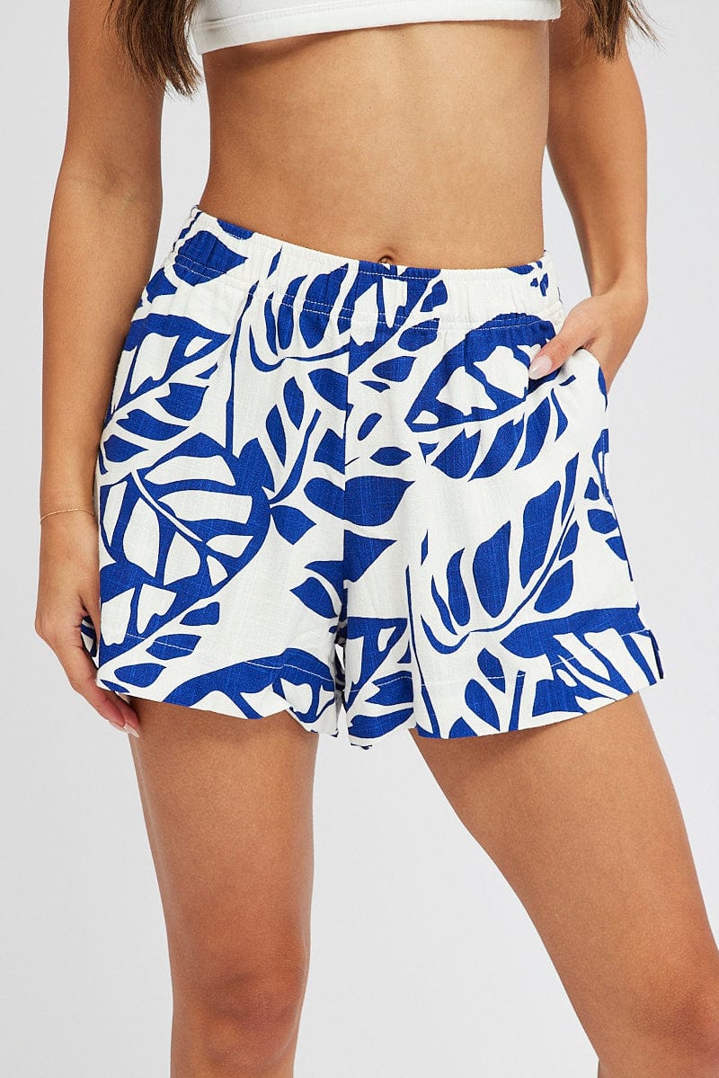 Blue Abstract Relaxed Shorts Mid Rise