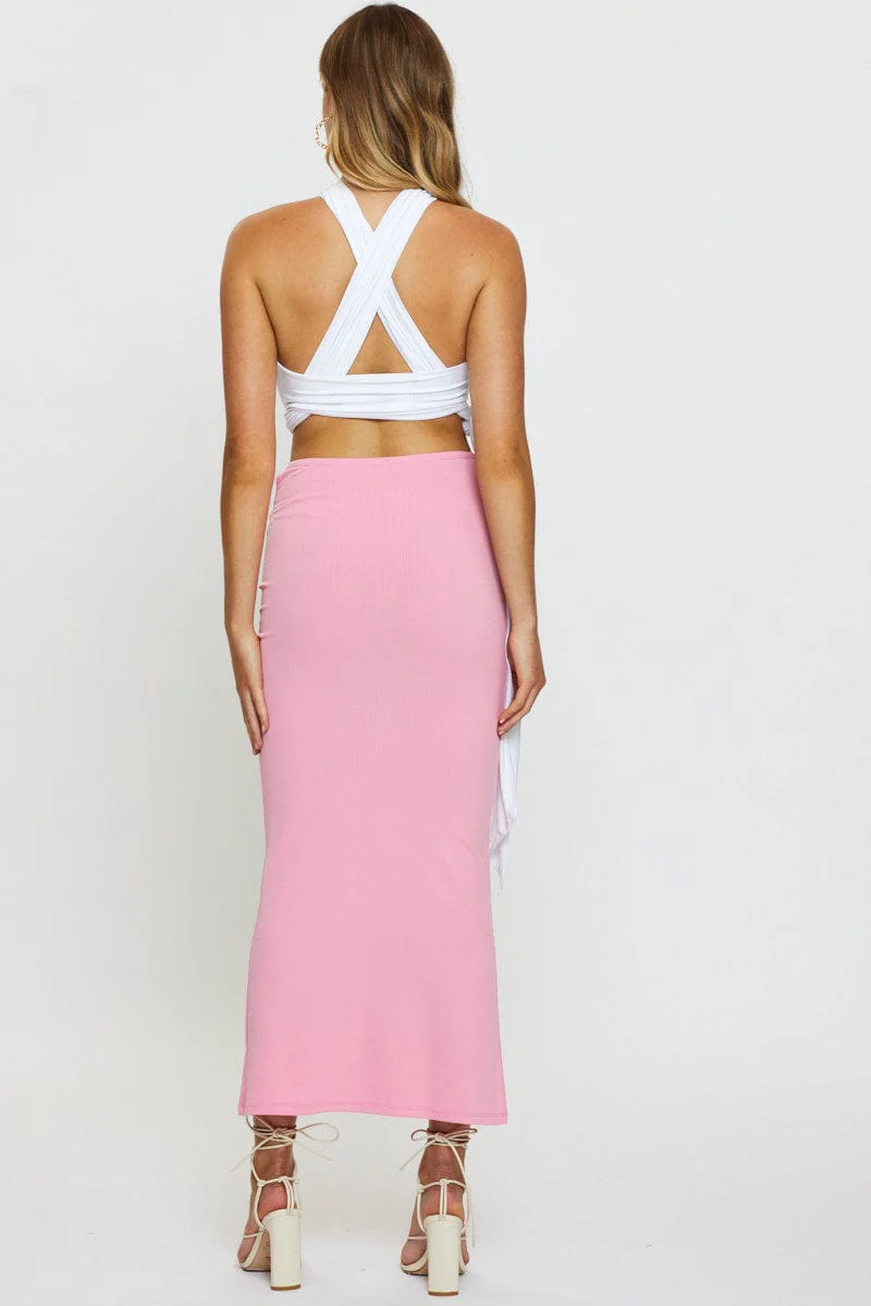 Pink Midi Skirt Rig Detailed Ribbed Jersey