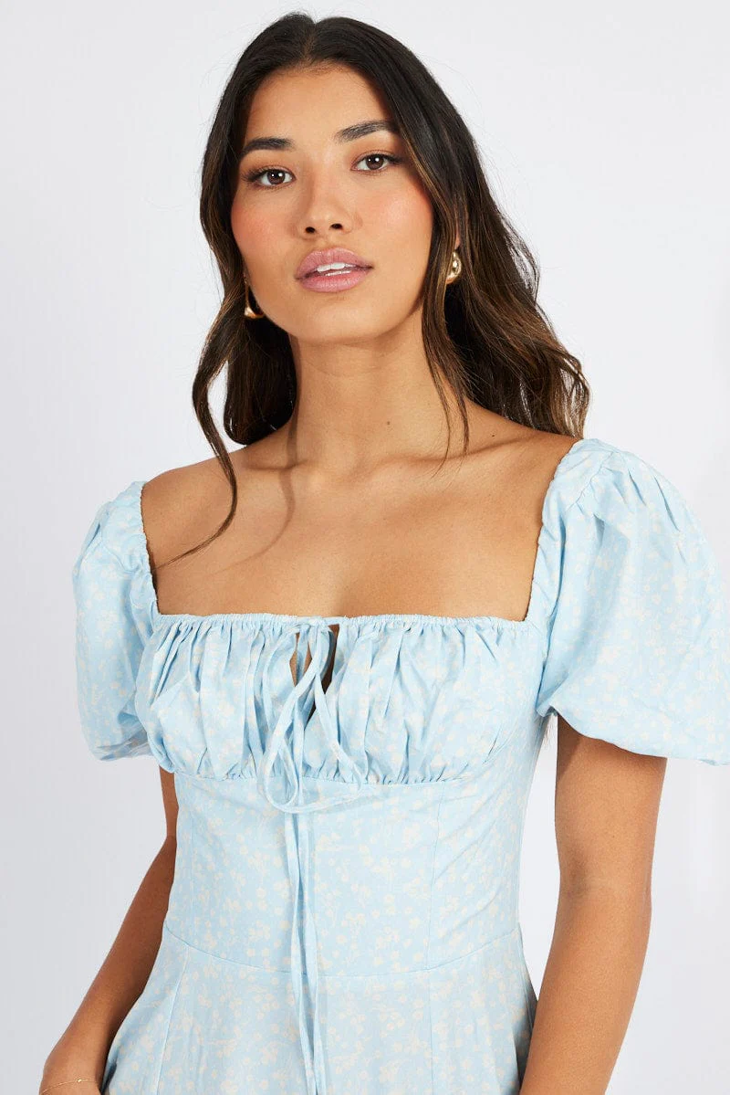 Blue Floral Ruched Bust Maxi Dress Short Sleeve