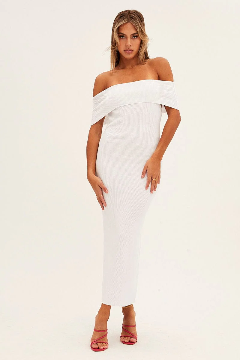White Off Shoulder Dress Knit Bodycon Knit