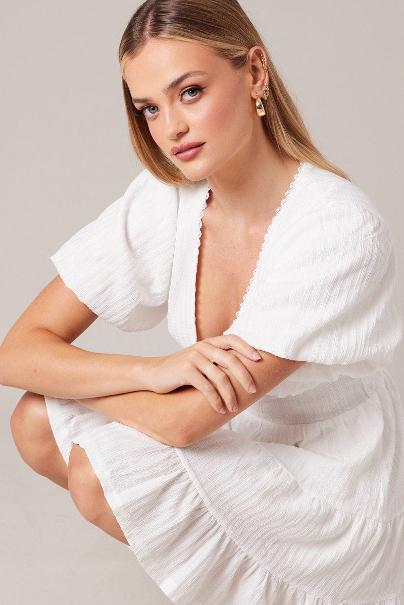 White Fit And Flare Dress Puff Sleeve