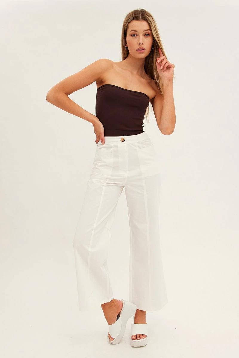 White Wide Leg Pants High Rise Cotton