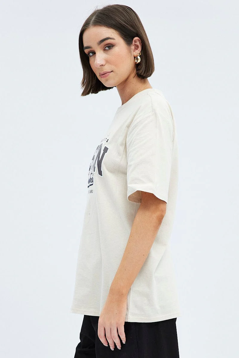 Beige Graphic Tee Short Sleeve  Oversized