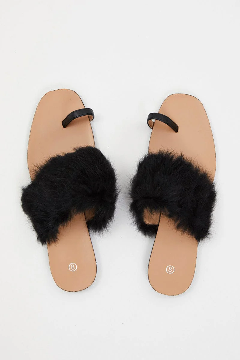 Black Faux Fur Flat Slides